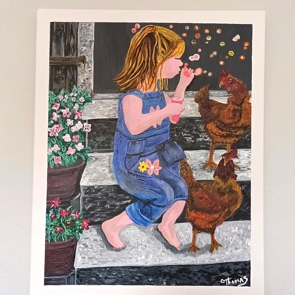 Girl Blowing Bubbles Original Painting